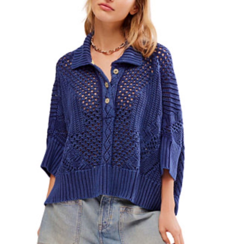 Free People To The Point Cotton Crochet Polo Sweater Blue Size XS